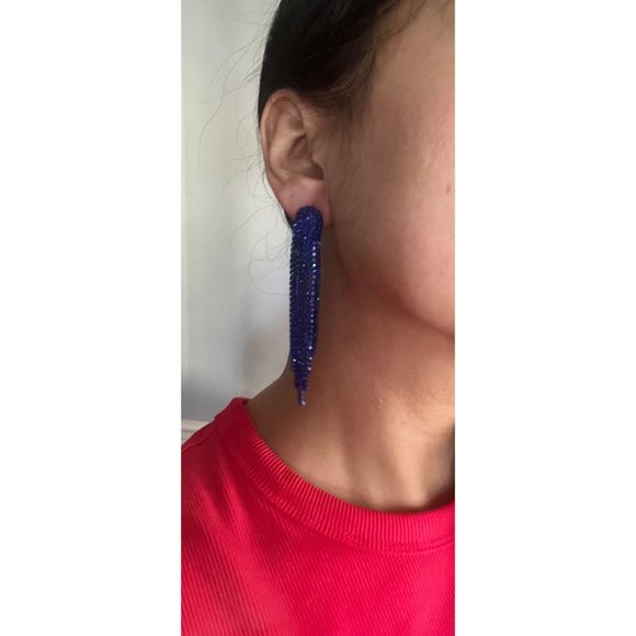 royal blue earrings long fringe crystal chandelier  blue pageant earrings - Picture 7 of 7